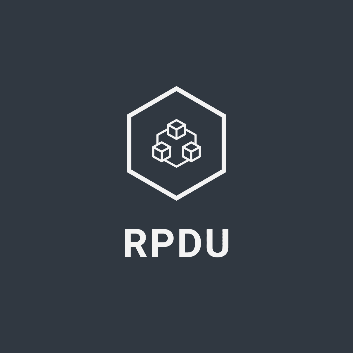 RPDU Logo (dark grey background, white outline of a hexagon around the outline of 3 small cubes connected to each other by lines)